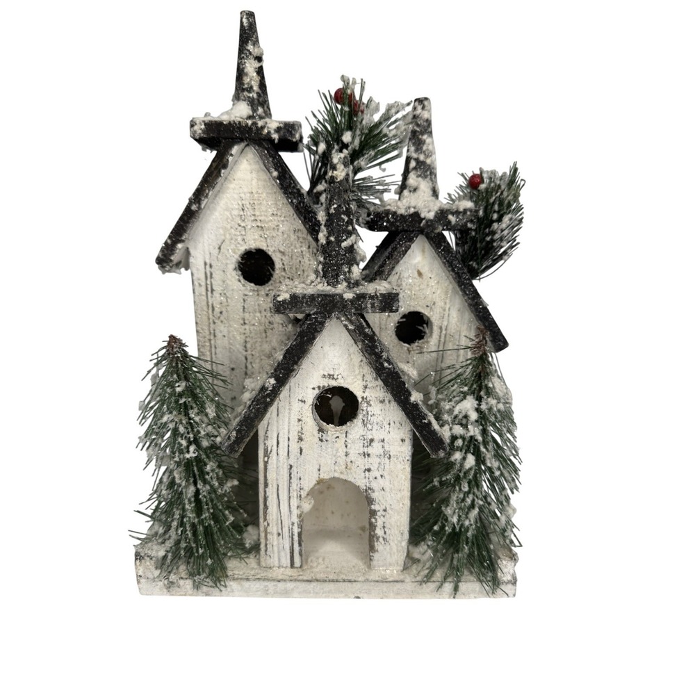 Rustic Wooden Christmas Birdhouse Table Decor Snowy Pine Wood Seasonal Winter